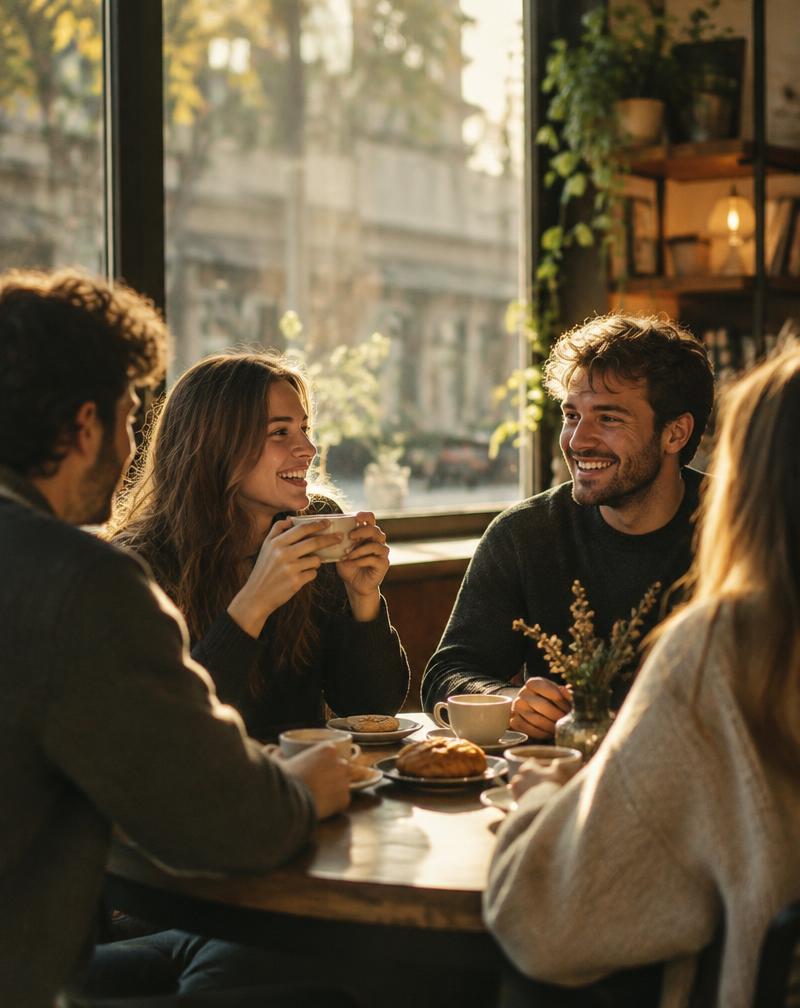Friends talking over coffee in a cafe