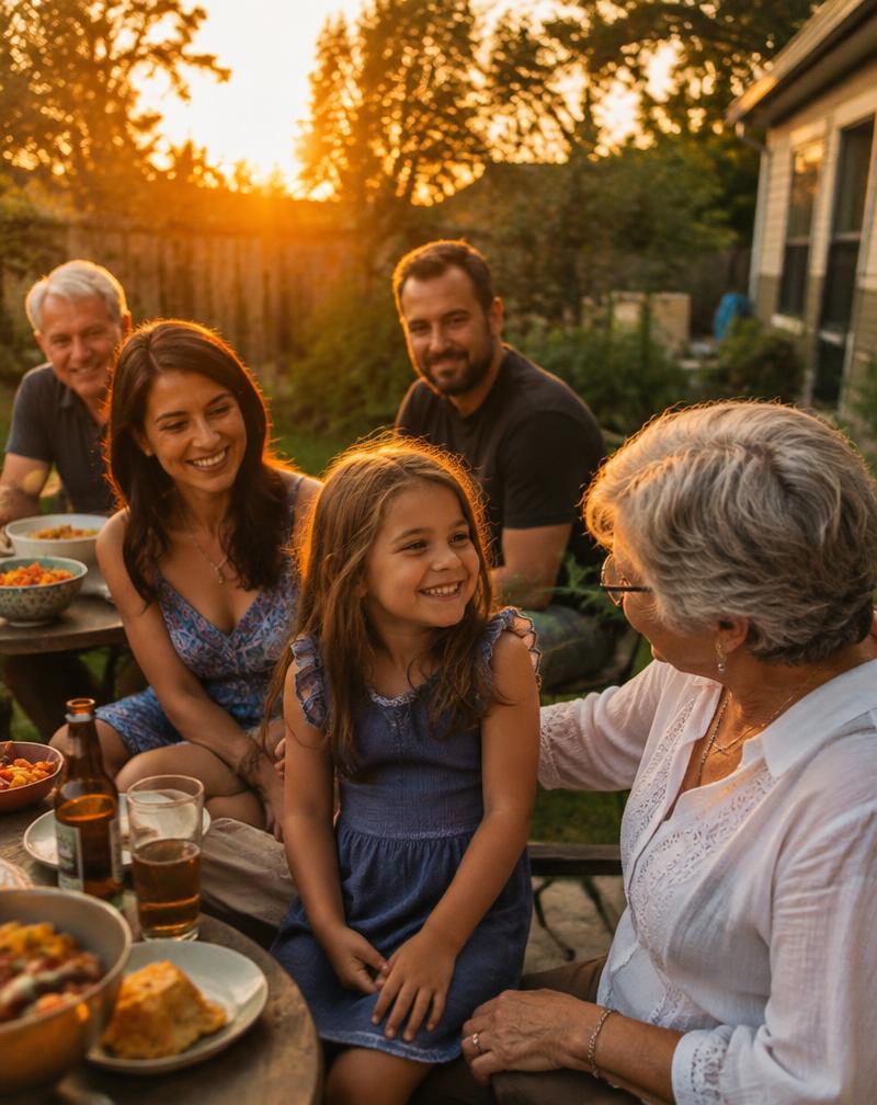 Multigenerational family gathered outdoors at sunset