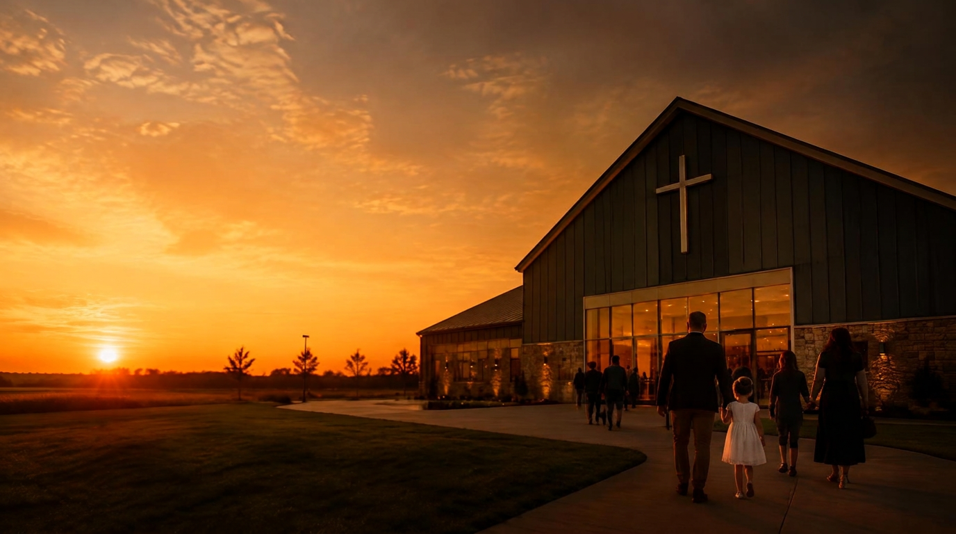 Families walking toward a modern church at sunset